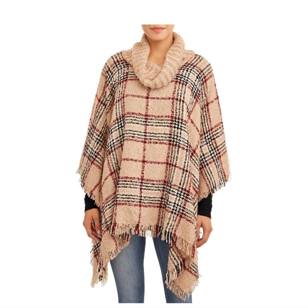 Time And Tru Plaid Turtleneck Poncho Sweater | Fall Cozy Style | Size L/XL